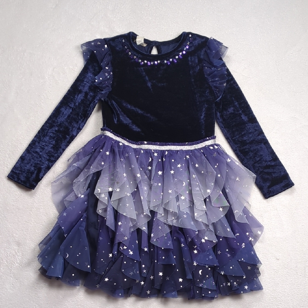 Monsoon Girls Cosmic Velour Long Sleeve Disco Dress Blue (7/8 UK) - Picture 2 of 10
